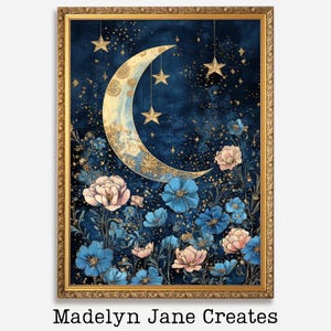 Luna y estrellas, arte de pared con estampado de luna, decoración de pared celestial, arte de luna y flores, luna creciente, arte de pared con luna floral, regalo para amantes de la luna