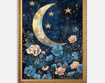 Moon And Stars, Moon Print Wall Art, Celestial Wall Decor, Moon And Flowers Art, Crescent Moon, Floral Moon Wall Art, Moon Lover Gift
