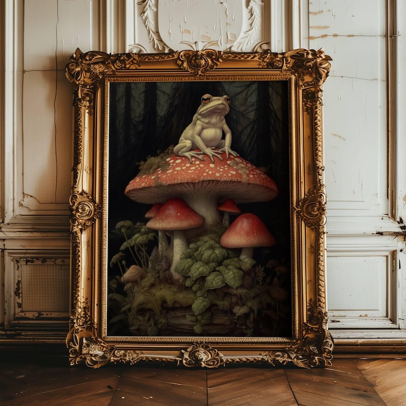 This gorgeous William Morris inspired poster print features a frog sitting on a large, red capped mushroom in a dark forest.  There are several red capped mushrooms around the frog.
