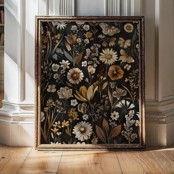 Wildflower Print,  Dark Academia Prints, Dark Botanical Prints, Moody Home Decor, Vintage Art Prints, Moody Wall Art, Dark Cottagecore Art