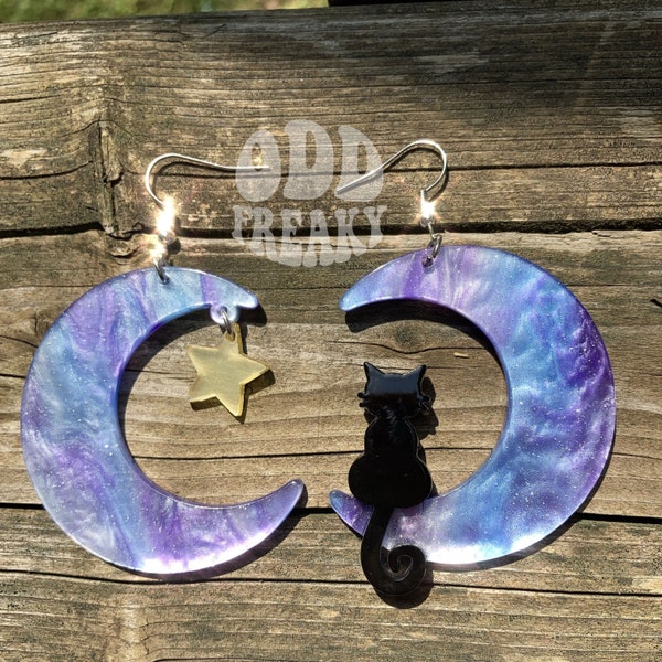 Adorable Glitter Cat and Moon Asymetrical Earrings are Perfect for Cat Lovers