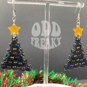 Meowy Christmas Super Cute Black Cat Christmas Tree Sparkle Cat Lover Earrings