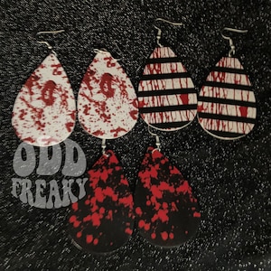 Creepy Blood Splatter Printed Faux Leather Teardrop Earrings Different Styles