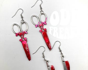 Blood Soaked Scissors or Meat Cleaver Earrings, Horror Halloween Steel Earrings