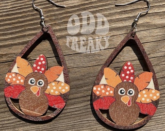 Cute Wooden Turkey Earrings are Adorable for Thanksgiving and Fall - Autumn