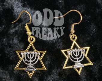 Gold Star of David Menorah Earrings: Hanukkah Jewelry