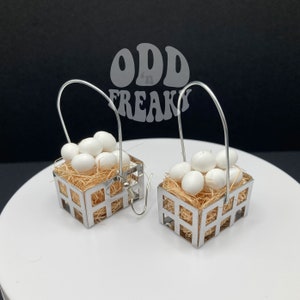 May include: A pair of silver earrings featuring a small wire basket filled with white eggs and brown straw. The earrings are labelled "ODD FREAKY".
