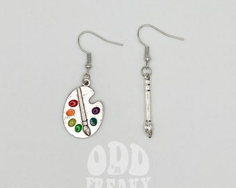 Asymmetrical Palette & Paint Brush Earrings, Art Teacher Gift
