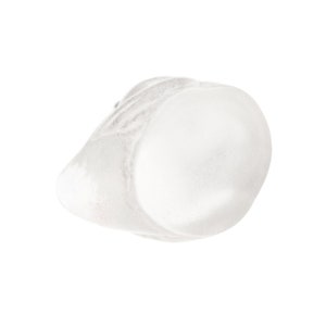 May include: A translucent, frosted white ring with a smooth, rounded surface and a thick, solid band. The material appears matte and semi-opaque, catching light across its curved, organic shape. The design is simple, featuring a continuous, seamless structure.