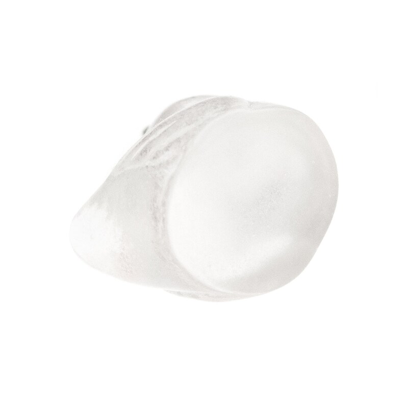 May include: A translucent, frosted white ring with a smooth, rounded surface and a thick, solid band. The material appears matte and semi-opaque, catching light across its curved, organic shape. The design is simple, featuring a continuous, seamless structure.