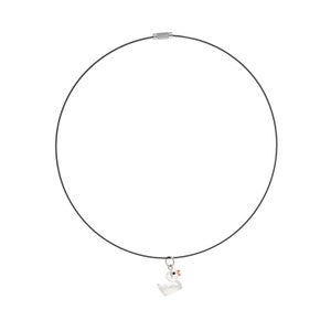 May include: A black cord necklace featuring a small, clear glass duck pendant with a bright orange beak and a tiny black eye. The necklace is secured with a silver-toned cylindrical metal clasp at the top, completing the circular design.