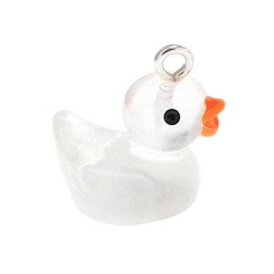 May include: A small, translucent white duck charm with a bright orange beak and a single black eye. The duck figure features a smooth, rounded body and a silver-toned metal jump ring attached to the top of its head for hanging or jewellery attachment.