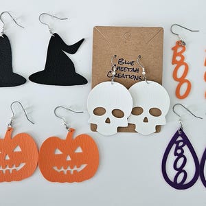 Halloween faux leather earrings, pumpkin, skull, boo, witch hat, orange, black, purple, white