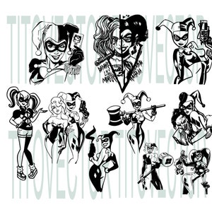 Puede incluir: Un conjunto de diez ilustraciones digitales en blanco y negro de Harley Quinn, un personaje de cómics. Las ilustraciones presentan a Harley Quinn en varias poses, incluyendo sosteniendo un mazo, una pistola y una carta de juego. Las ilustraciones son adecuadas para usar en manualidades, scrapbooking y otros proyectos creativos.