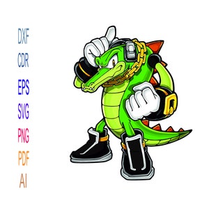 May include: A green crocodile character with a gold chain and black boots. The character is wearing a black and gold headset and has a red and black design on its back.