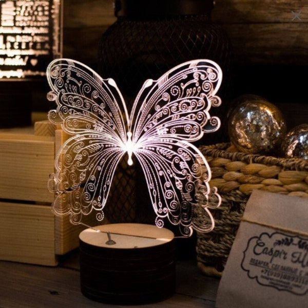 Butterfly 3D lamp acrylic Illusion 3D cdr dxf svg vector file digital download led Night Lamp