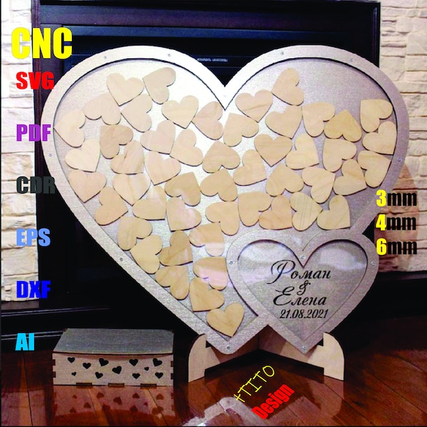 Heart Shape Drop Box Frame Wedding Guest Book cnc Template svg dxf File 3D Wooden puzzle 3D model vector Download