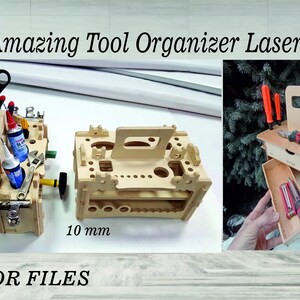 May include: Two wooden tool organizers, one with a handle and a drawer, the other with a handle and multiple compartments. Both organizers are made of light wood and have a natural finish. The text "2 FILES" is in the top left corner of the image. The text "Amazing Tool Organizer Laser CNC" is in the center of the image. The text "PDF, SVG, CDR, AI, EPS, DXF" is in the left side of the image. The text "10 mm" is in the bottom left corner of the image. The text "VECTOR FILES" is in the bottom center of the image.