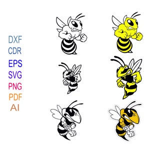 May include: A set of six vector illustrations of a cartoon wasp or hornet mascot. The mascot is shown in various poses, including flying, standing, and holding a sign. The mascot is drawn in a black and white outline style and a yellow and black color style.