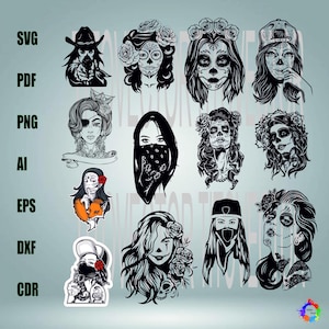 Puede incluir: Un conjunto de 10 ilustraciones digitales en blanco y negro de mujeres con maquillaje de calavera de azúcar y detalles florales. Las ilustraciones están en varias poses y estilos, incluyendo una mujer con un pañuelo, una mujer con un zorro y una mujer con un sombrero.
