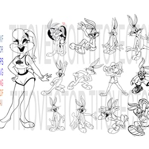 Könnte beinhalten: Eine Reihe von Schwarzweiß-Zeichnungen von Bugs Bunny und Lola Bunny in verschiedenen Posen. Die Figuren sind im Cartoon-Stil gezeichnet und tragen alle verschiedene Outfits.