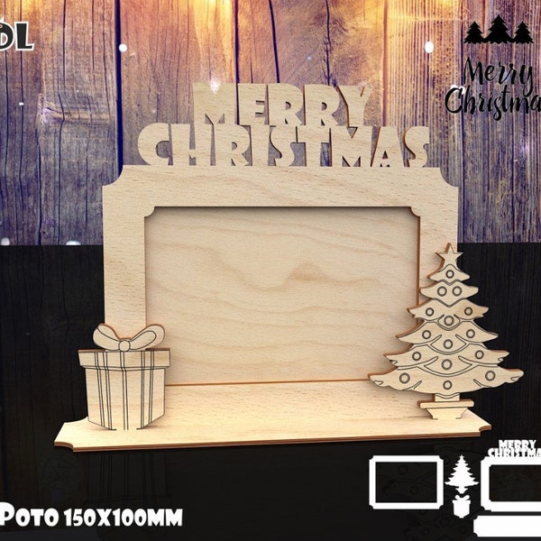 Laser Cut Wooden Merry Christmas Photo Frame With Engraved Tree And Gift Box Cut Files Cnc vector Cdr Dxf download