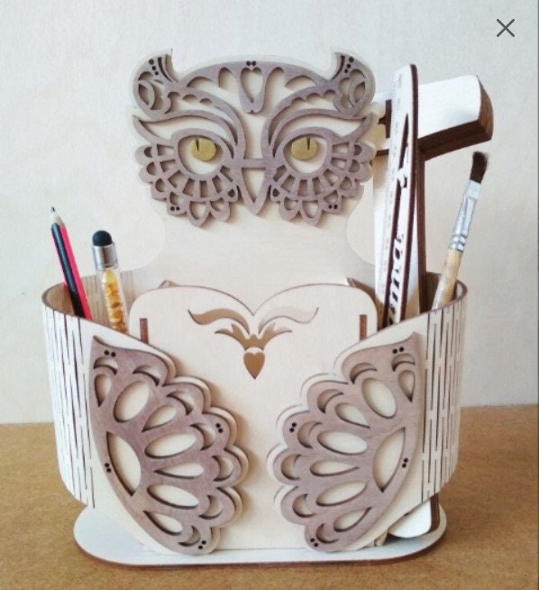 Owl Shape desk organizer Pen holder 3D wooden 3D model puzzle file cdr svg dxf vector digital Instan