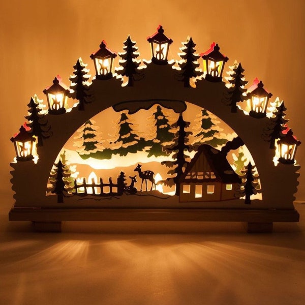 Puzzle de Noël - décorations de lampe, scène de nuit, fenêtre en bois, lumière, modèle 3D, fichiers découpés au laser, vecteur CNC Cdr Dxf, téléchargement Svg