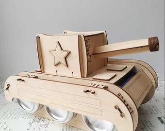 May include: Wooden model of a tank with a red star on the side. The tank is made of plywood and has a realistic design. It is a great gift for any military enthusiast.