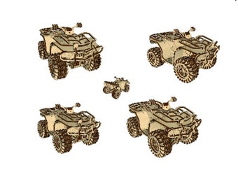 May include: Four toy all-terrain vehicles (ATVs) in various sizes. The ATVs are brown and have black wheels. The largest ATV is in the center of the image, and the smallest ATV is in the upper right corner.