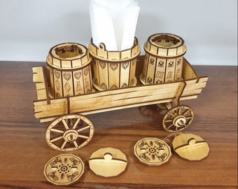 Salt And Pepper Set With Wooden Cart Stand CDR dxf File 3D Wooden puzzle 3D model vector Download With assembly File