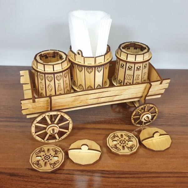 Salt And Pepper Set With Wooden Cart Stand CDR dxf File 3D Wooden puzzle 3D model vector Download With assembly File