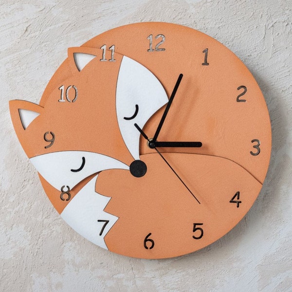 Fox Wall Clock With Numbers Kids Room Wall Decoration Children Clock 3D model puzzle laser Cut Files Cnc file Dxf Cdr Vector