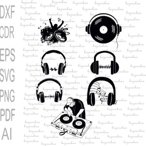 Könnte beinhalten: Schwarz-weiß-Illustration eines DJs, der Musik mit Kopfhörern, einem Plattenspieler und einem Kassettenrekorder mischt. Der Hintergrund ist mit dem Wort "bazoookaa" gefüllt, das viele Male wiederholt wird.