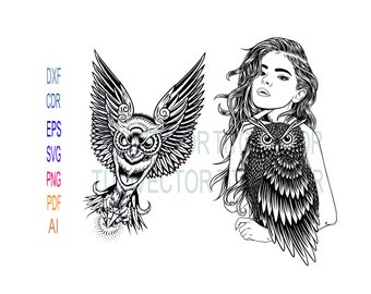 May include: A black and white line drawing of a woman with long hair holding an owl in front of her. The owl has large, round eyes and detailed feathers.
