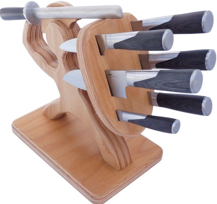 Spartan Knife Block- Complete Damascus Style Knife Set for Men- 5 Chef Knives, Knife Sharpener & Bamboo Spartan Knife Holder. Funny Stabbed Man