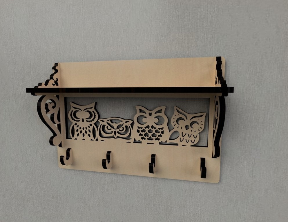 Owl Decor Wall Mounted Coat Rack Shelf Coat Hook Rack Entryway Shelf 3D model puzzle File 3D cdr Dxf