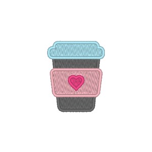 May include: A gray coffee cup with a light blue lid and a pink sleeve with a pink heart on it.