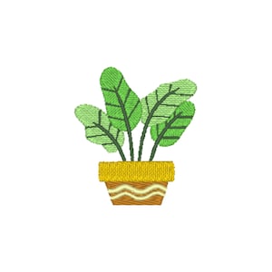 以下が含まれることがあります： 黄色と茶色の鉢に、緑の葉が3枚ついた緑の鉢植えの植物