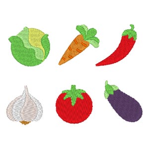 May include: A set of six embroidered vegetable icons, including a green cabbage, an orange carrot, a red chili pepper, a white garlic bulb, a red tomato, and a purple eggplant.