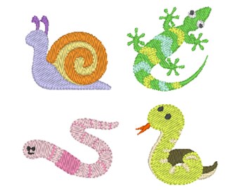 Snail, Snake, Lizard, Rainworm Machine Embroidery Designs, 4 designs, 3 sizes, 11 formats