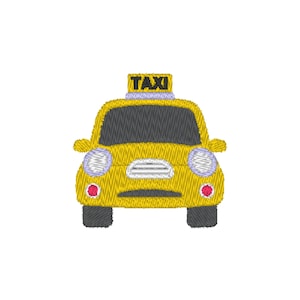 Puede incluir: Un taxi amarillo de dibujos animados con un letrero negro de "TAXI" en la parte superior. El coche tiene ruedas negras, faros y una parrilla.
