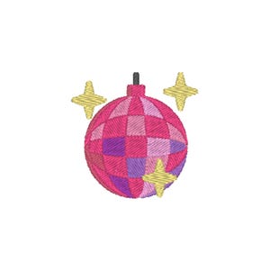 May include: A pink disco ball with a black top and gold stars around it.