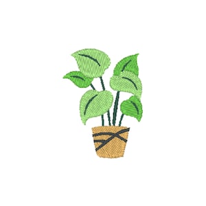 Peut inclure: Image brodée d'une plante en pot avec de grandes feuilles vert clair et des tiges vert foncé. Le pot est de couleur marron clair avec des détails noirs entrecroisés. La plante est une plante d'intérieur.
