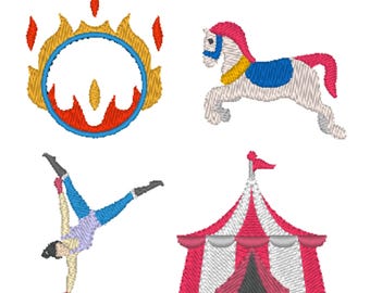 Circus, Horse, Fire Ring, Acrobat Machine Embroidery Design, 4 designs, 3 sizes, 11 formats