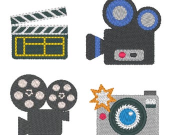 Film Gear Embroidery Design: Camera, Projector, Clapper Board (3 Sizes, 11 Formats)