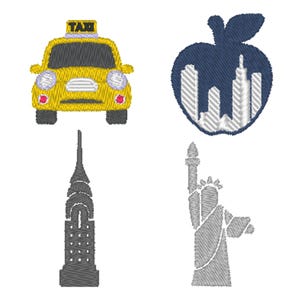 New York Big Apple, Taxi, The Statue of Liberty, Skyscraper Machine Embroidery Design, 4 designs, 3 sizes, 11 formats