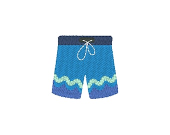 May include: Embroidered blue swim trunks with a dark blue waistband and a white drawstring. The trunks feature a wavy pattern in shades of blue and green along the bottom edge. The design is set against a white background.
