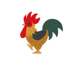 May include: A cartoon rooster with a red comb and wattle, a black and green tail, and a yellow body.