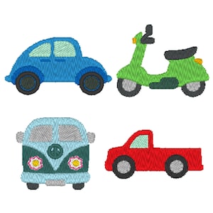 May include: Four embroidered images of vehicles: a blue car, a green scooter, a blue and green van with a peace sign, and a red pickup truck.